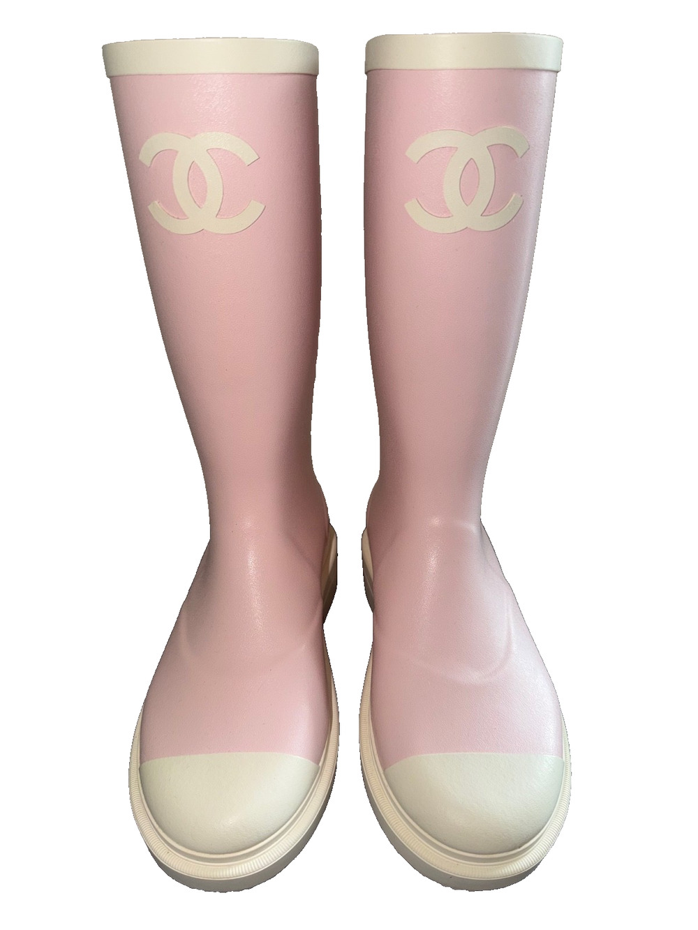 Chanel REV Rose Pink White Caoutchouc CC Logo High Pull On Rubber Rain Boots 39